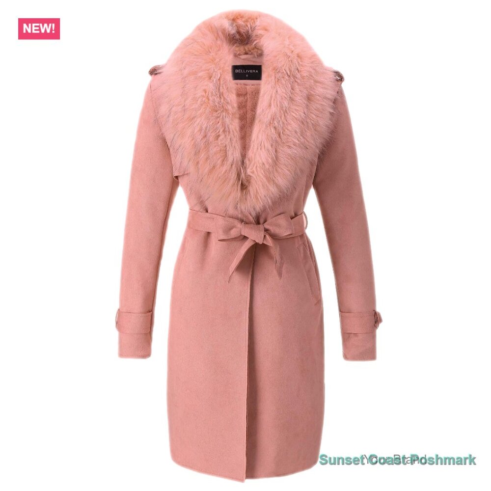 Faux Suede Trench Coat in Pink Fleece Lined Detachable Faux Fur Collar New
